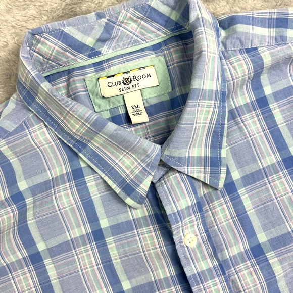 Club Room Shirt Men 2XL Blue Plaid Short Sleeve Button Front 100% Cotton Classic - Picture 1 of 8